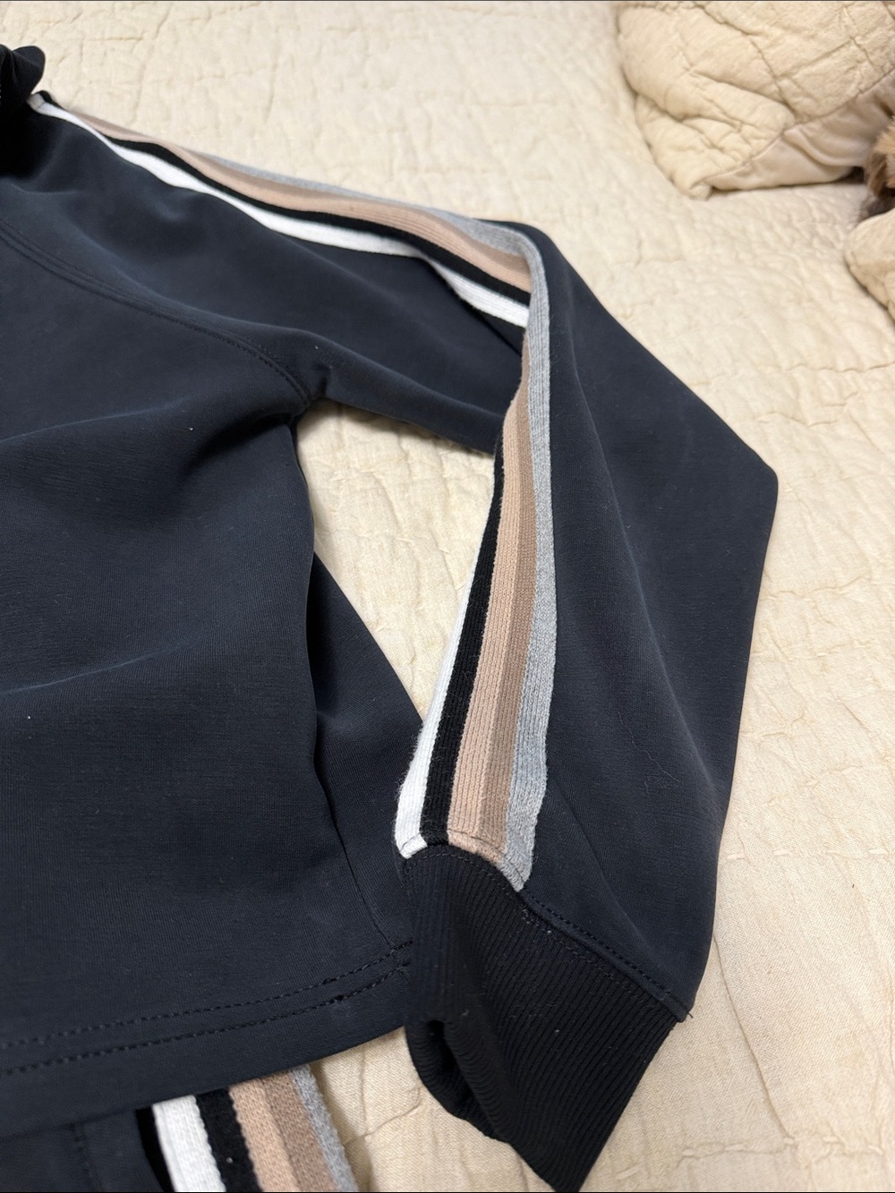 Spiritual Gangster Black Wide-Leg Track Pants with White and Tan Side Stripes - Picture 4 of 4